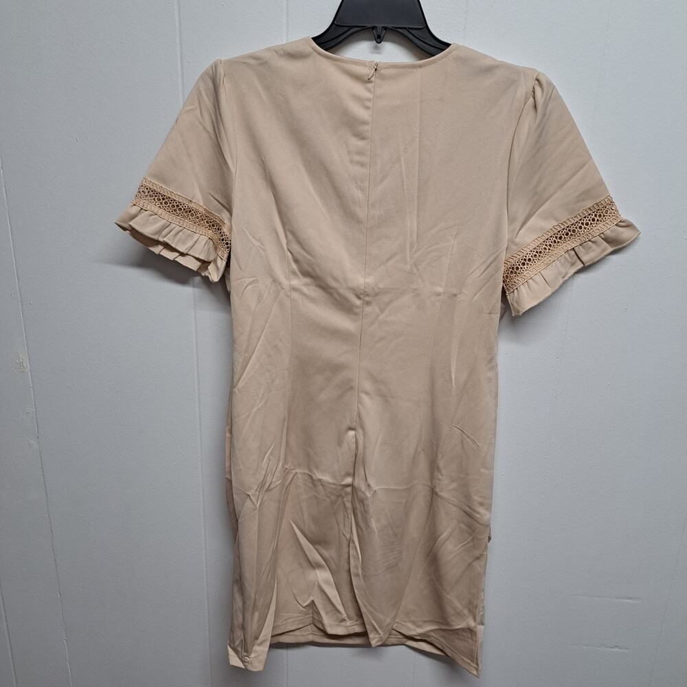 Women Dress Lace V Neck Ruffle Sleeve Casual Short Mini Dress Ligth Khaki Size L - Picture 2 of 11
